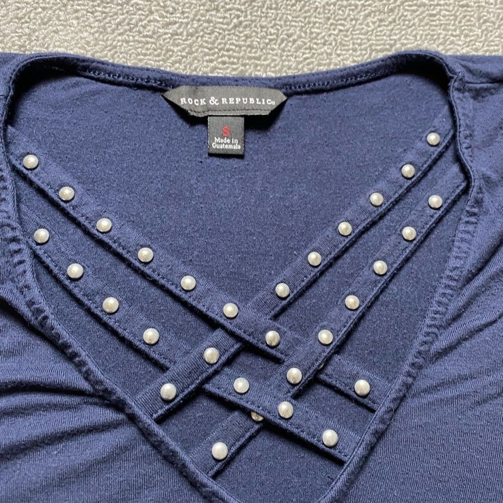 Rock & Republic Navy Short Sleeve Top with Studded Neckline - Picture 2 of 5